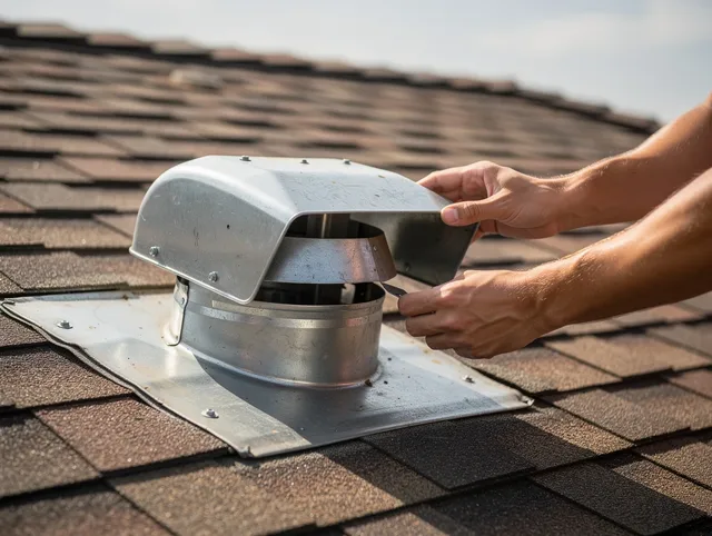 Monterey Park Dryer Vent Cleaning certified technician safely cleaning a roof-mounted dryer vent in Monterey Park