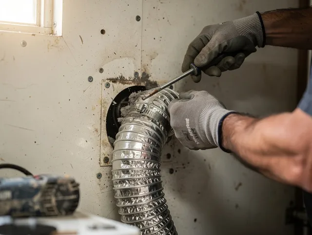 Monterey Park Dryer Vent Cleaning technician performing precise dryer vent hose installation in Monterey Park